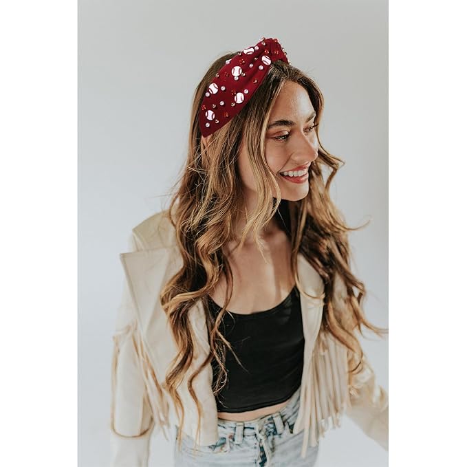 Baseball Headband for Women Baseball Accessories Beaded Crystal Pearl Knotted Headbands Baseball Charm Embellished Headband Wide Top Knot Sports Game Day Headband Gifts (A-Wine Red)