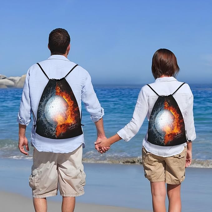 Golf Drawstring Bag with Water and Fire Pattern Printed Sports Drawstring Backpack for Kids Teens Boys Girls Adults Women Men, Sport Gym Swim Travel Work Hiking Daypack Bag, Small
