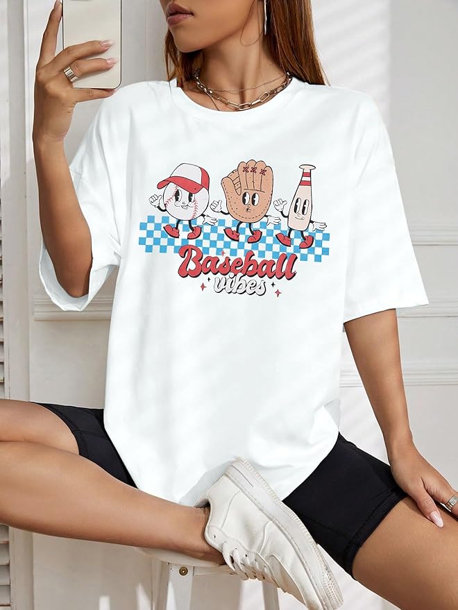 MOUSYA Baseball Shirts Women Oversized Baseball Mom Tshirt Baseball Heart Graphic Tee