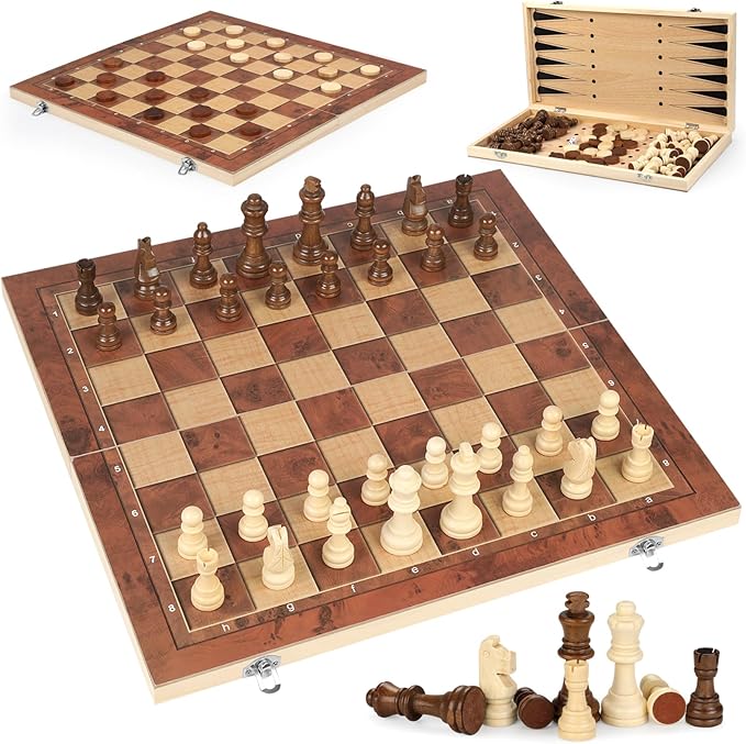 Chess Checkers Backgammon 3-in-1 Board Games Sets, Wooden Chess Set by Chdousha