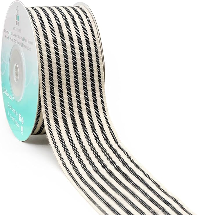 CT CRAFT LLC Ivory Cotton Black Stripes Ribbon 1.5" x 10 Yards by CTCRAFTLLC