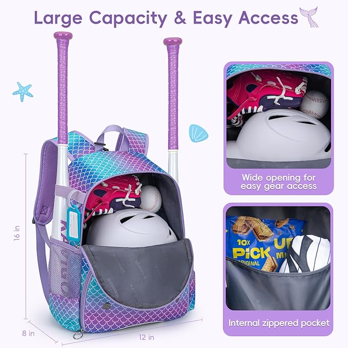 KAVIGOR Youth Tball Baseball Backpack, Lightweight Softball Bag with Shoes Compartment & Name Tag, Reinforced Zippers & Seams