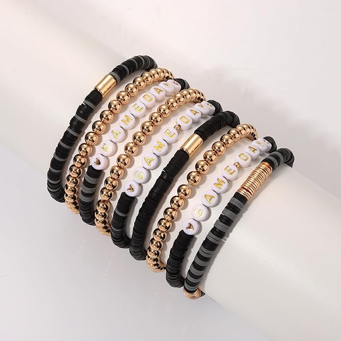 NLCAC 9 Pack Game Day Bracelets Stackable Heishi Beaded Stretchy Bracelet Preppy Jewelry Baseball Football Team Bracelets Sports Fan Accessories Gifts
