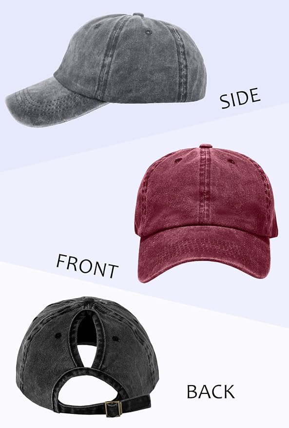 Womens Vintage Washed Distressed Baseball-Cap with Ponytail Hole Sport Golf Hat