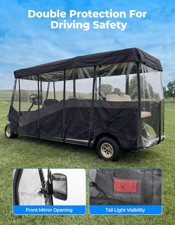 KEMIMOTO Golf Cart Enclosure 8 Seat, 600D Waterproof Golf Cart 8 Passenger Enclosure with Clear Windshield Compatible with Club Car Villager, Evolution D5-Ranger, Concierge