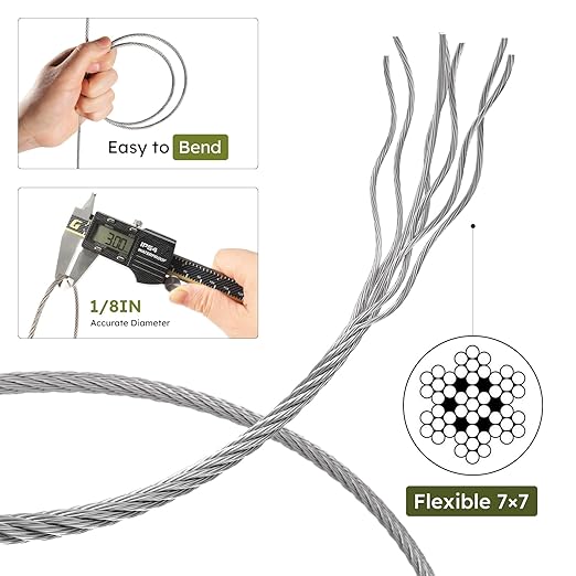 1/8 Inch Stainless Steel Cable Kit 100FT, 7 x 7 Strand Wire Rope - Image 3