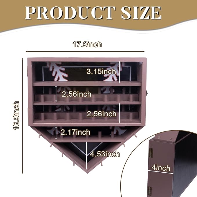 Baseball Ring Display Case, 17.9*16.9*4" , Accommodate 35 Rings, 9 Balls and 8 Medals, Championship Rings Medals Holder, Wall Mount Baseball Case Display, Equipped with a Dust-Proof Door