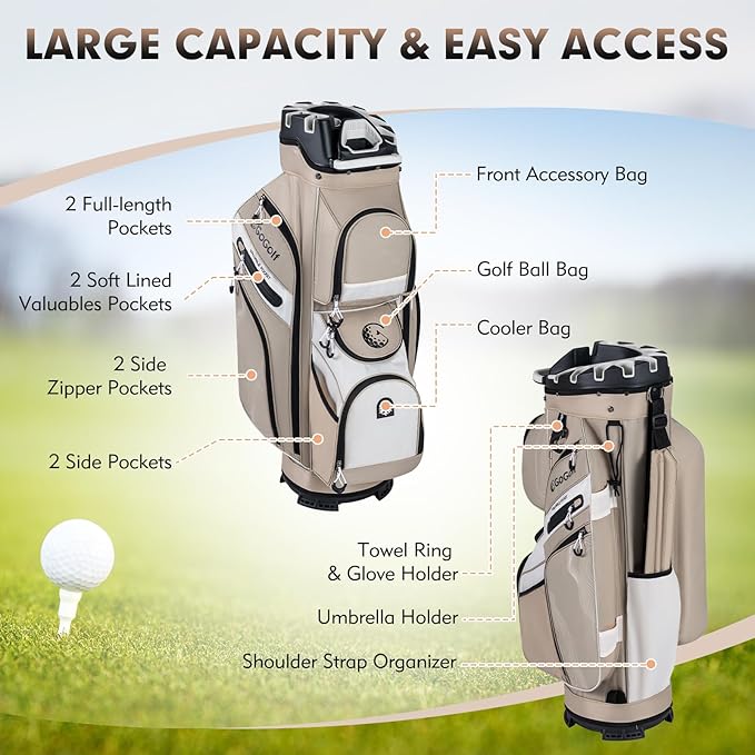 Tangkula Golf Cart Bag with 14-Way Full Length Dividers, 6 Molded Lock Top Golf Club Bag with 11 Pockets, Cooler Bag, Padded Strap, Handles, Umbrella Holder & Rain Hood