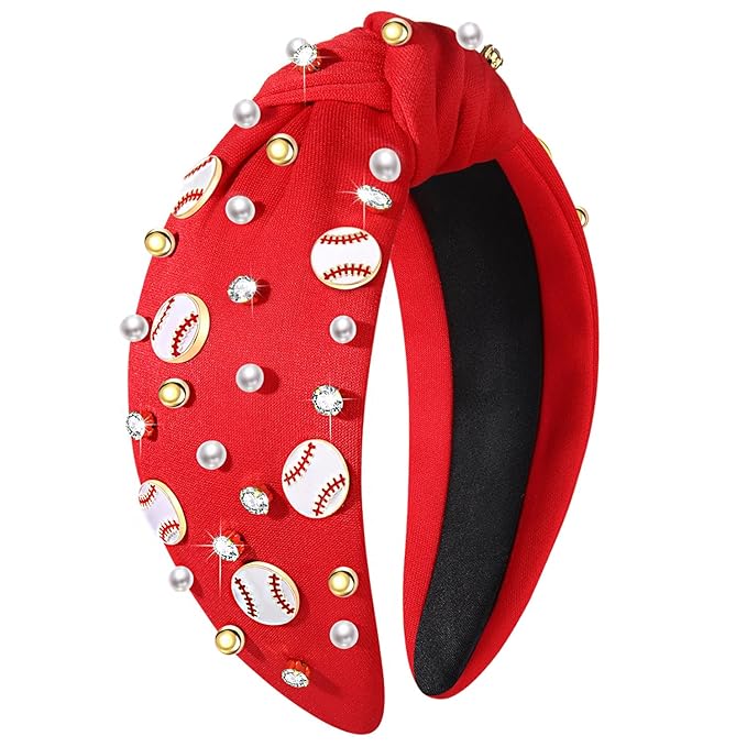 Baseball Headband for Women Baseball Accessories Beaded Crystal Pearl Knotted Headbands Baseball Charm Embellished Headbands Wide Top Knot Sports Game Day Headband Gifts (A-Red)