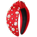Baseball Headband for Women Baseball Accessories Beaded Crystal Pearl Knotted Headbands Baseball Charm Embellished Headbands Wide Top Knot Sports Game Day Headband Gifts (A-Red)