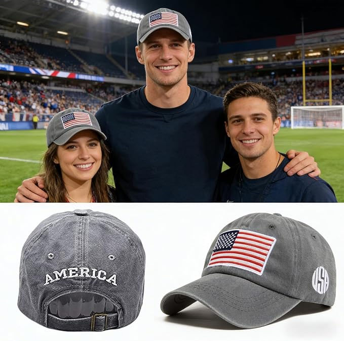 2 Pack American Flag Baseball Cap Unisex Hat, Classic Hat for Men Women Light Gray, Dark Gray