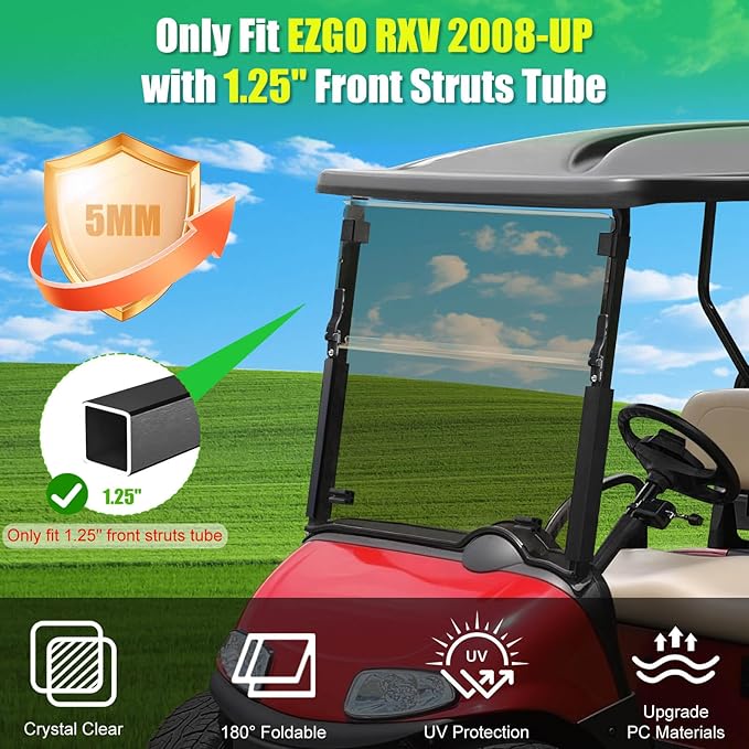 5MM Thick Upgrade PC Foldable EZGO RXV Golf Cart Windshield with Heavy Duty Hinges Only Fit for 2008-Up EZGO RXV with 1.25" Struts Rail, Anti-UV Impact Resistant Golf Cart Windshield