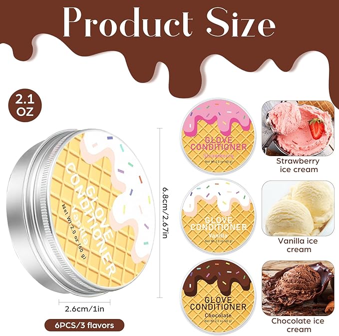 6 Pcs Baseball Glove Conditioner Bulk Strawberry, Chocolate, Vanilla Ice Cream Scented Glove Conditioning 2oz for Baseball, Softball Mitts, Football Leather