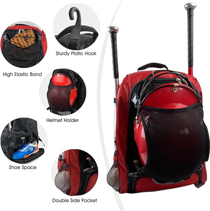 Baseball Backpack for Adult and Youth,Large Capacity Bat Bag,For all bats and equipment,T-Ball & Softball Equipment & Gear, Large Main Compartment for Helmet & accessories