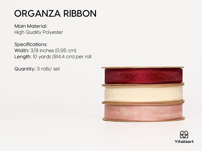 Vitalizart 3/8" x 30Yd Organza Ribbon Red Pink White Sheer Ribbons Set 10 Yd x - Image 2