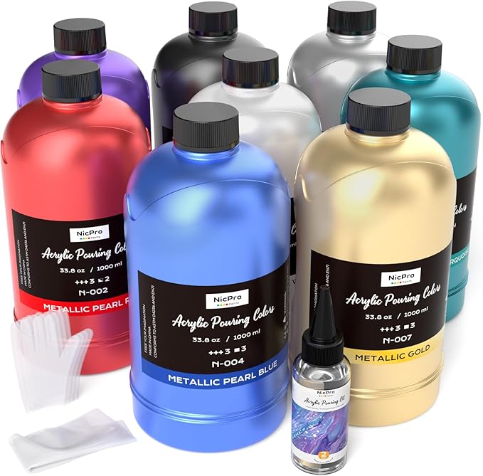Nicpro 8 Colors 33.8 oz Large Bulk Metallic Acrylic Pouring Paint Supplies Kit by Nicpro