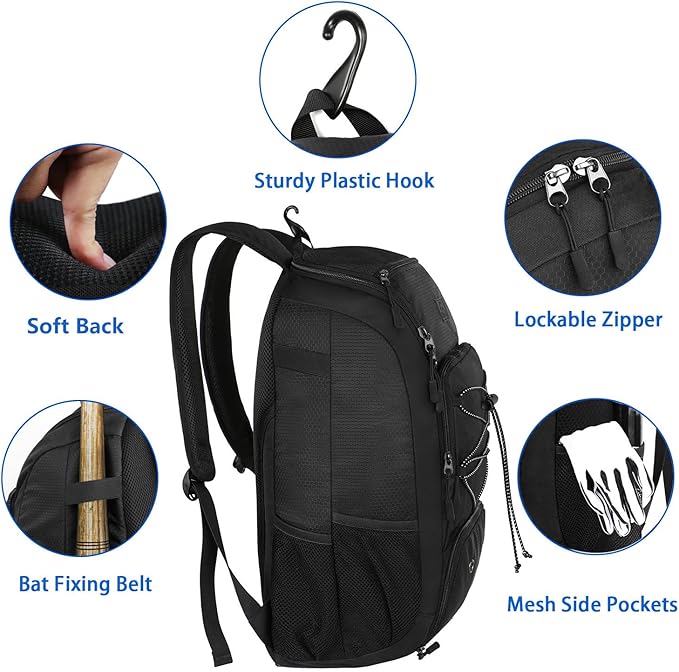 MATEIN Baseball Backpack, Softball Bat Bag with Shoes Compartment for Youth, Boys and Adult, Lightweight Baseball Bag with Fence Hook Hold TBall Bat, Batting Mitten, Helmet, Caps, Teeball Gear