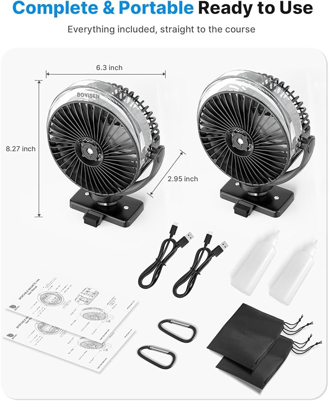 BOYISEN Magnetic Golf Cart Misting Fan Rechargeable, 12000mAh Battery Operated USB Portable Fan with 4 Speeds, Spray, LED, Timers, Ideal for Club Car, Golf Cart & Cruise Ship Travel Accessories 2-Pack