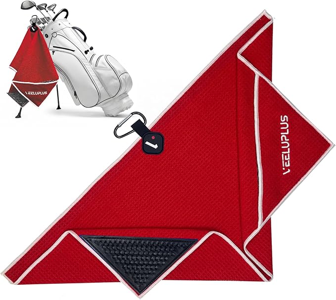4-in-1 Magnetic Golf Towel with Golf Brush & Cleaning Pocket -3 Stage Cleaning System - Super Strong Golf Club Cleaner- Microfiber Waffle-15.7" X 23.6" Golf Accessories and Gifts for Men Women (RED)