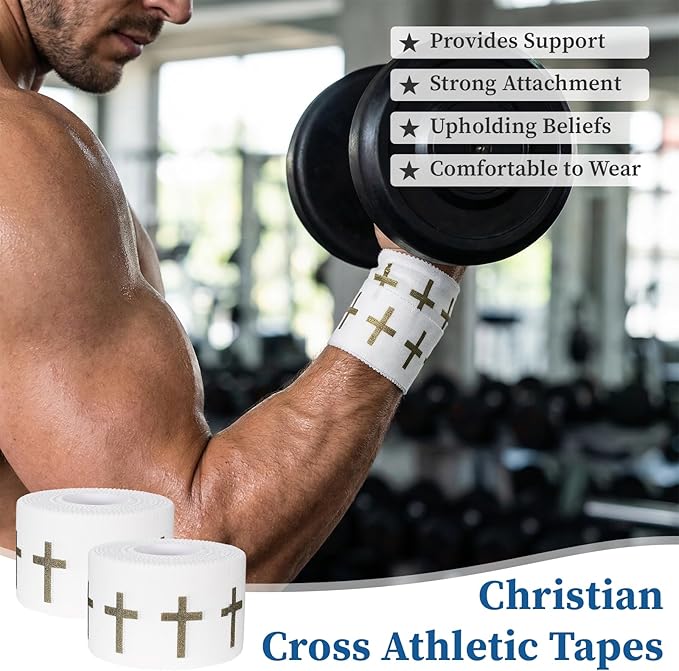 2 Pack Christian Cross Athletic Tapes Sport Religious, White Wrist Tape Baseball Soccer Tennis Wristband 1.5in x 30ft Cotton Easy to Tear Wrist Tape for Ankle Fingers Injury Wrap Gymnastics