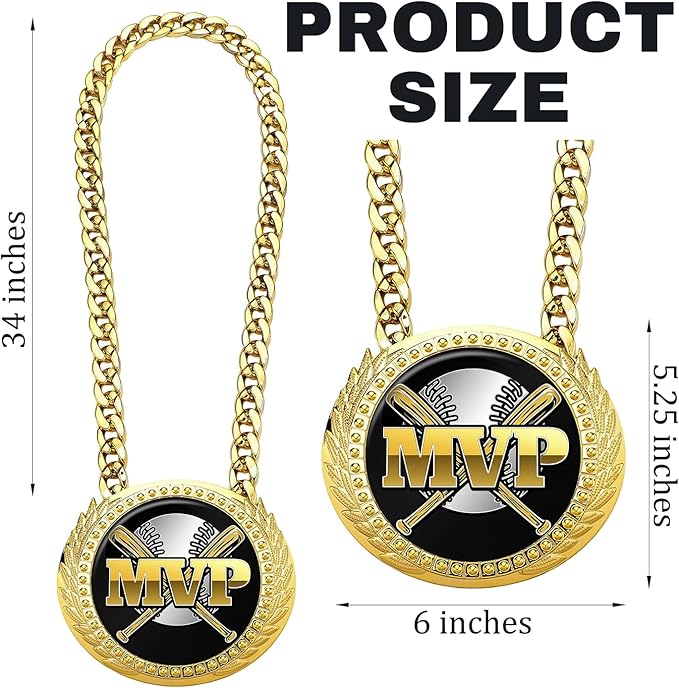 Goutoports Baseball Chain MVP Medal Award – 6" Oversized Gold Turnover Chain Trophy Necklace Prize for Team Champion, Little League, Youth Baseball, Tournament Winner, Banquets Party Gifts