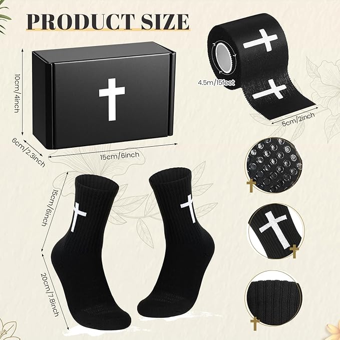 TrelaCo 4 Pack Christian Sports Gift Set with Athletic Tape Sport Socks Cross Necklace Gift Boxes Religious Soccer Socks