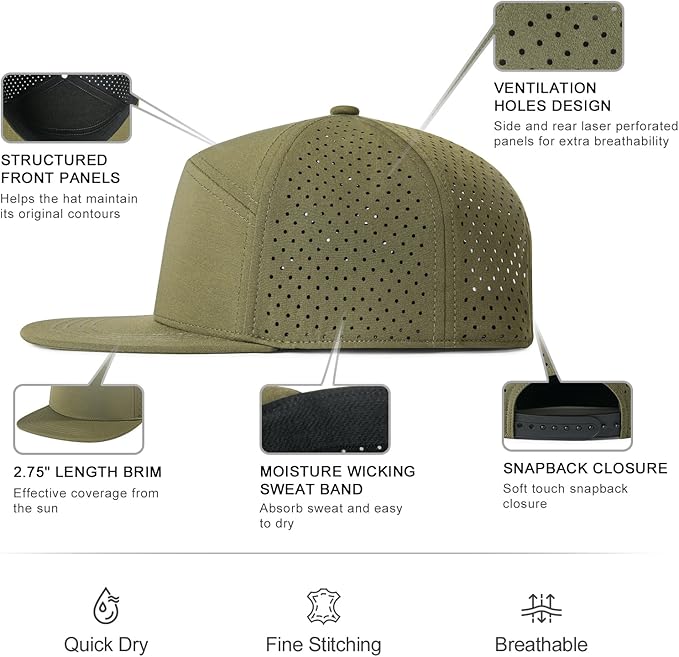 FEINION Men Flat Brim Adjustable Performance Hat Snapback Laser Perforated Baseball Cap