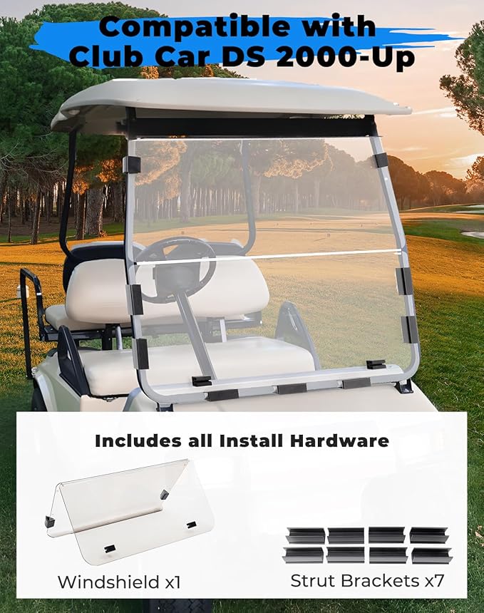 KEMIMOTO Foldable Golf Cart Windshield Compatible with Club Car DS 2000+, Anti-UV and Impact-Resistant Acrylic (Clear)