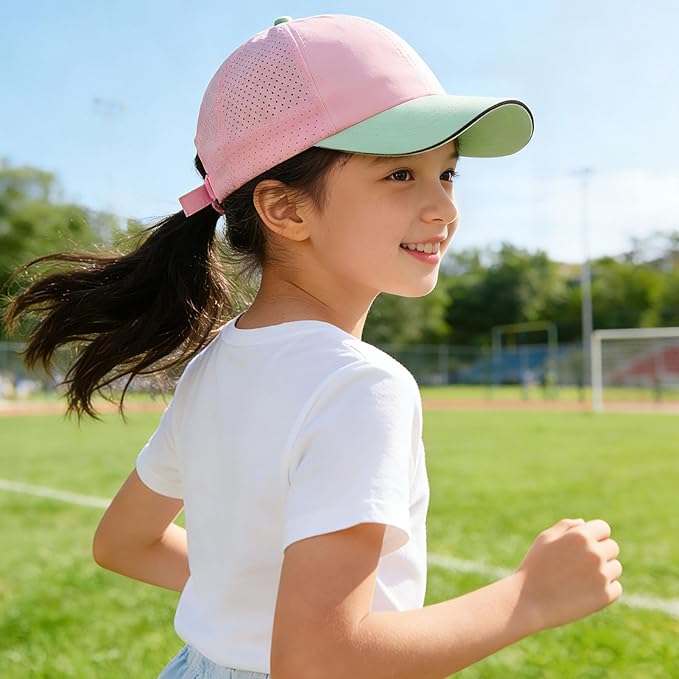 Little Girls Criss Cross Ponytail Hat Toddler Reflective Baseball Cap Kids Quick Dry Summer Sports Hats Age 3-8