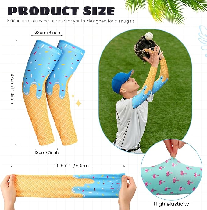 6 Pair Baseball Arm Sleeves Ice Cream Drip Palm Tree Sun Protection Youth Breathable Cooling Sleeve