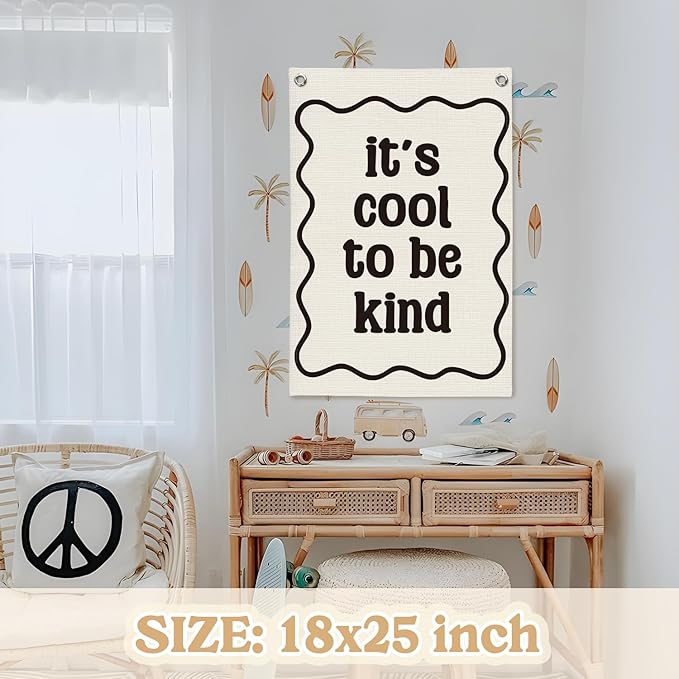 Affirmation Wall Decor It's Cool to be Kind Linen Canvas Banner, Nursery Decor - Image 2