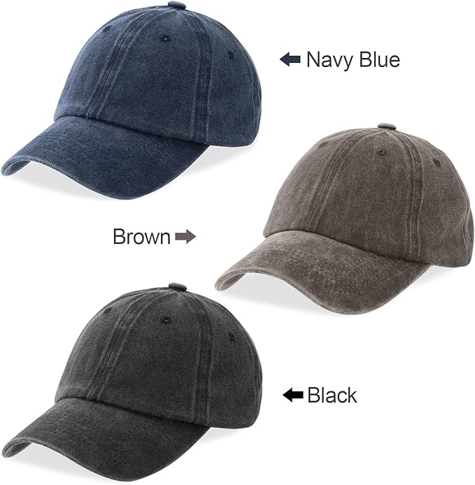MEINICY 3 Packs Washed-Cotton Plain Baseball Cap, Vintage Adjustable Dad Hats Gift for Men/Women,Unstructured
