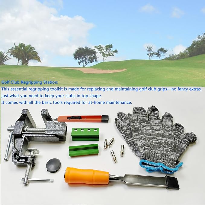 Golf Club Regripping Kit, Optional Professional or Basic Golf Grip Replacement Tools, 2-In-1 Bench Vise or Mini Table Vise, Fixed Rubber Clip, Hook Blade, Grip Tape Remover
