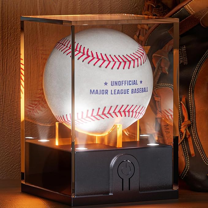 Leshein Baseball Display Case with Led Light, Light up Baseball Case for Display, Acrylic Baseball Holder Display Case, UV Protected Clear Baseball Stand Baseball Cube for Memorabilia Baseball Gifts