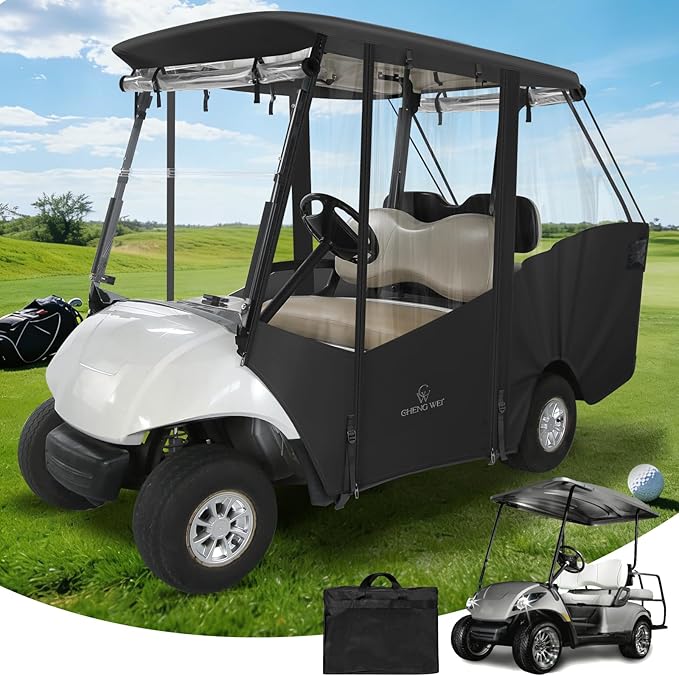 Golf Cart Enclosure 4 Passenger,Golf Cart Cover for Yamaha G29/Drive2 Short Roof 2+2 Seater,Waterproof 600D Oxford Rain Cover,Roll Up 4-Sided Clear Windows&Door