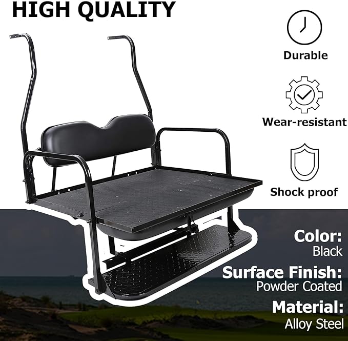 ECOTRIC Rear Golf Cart Folding Seat w/Grab Bar Compatible with 2000.5-Up Club Car DS 400 lbs Back Flip Seat Black