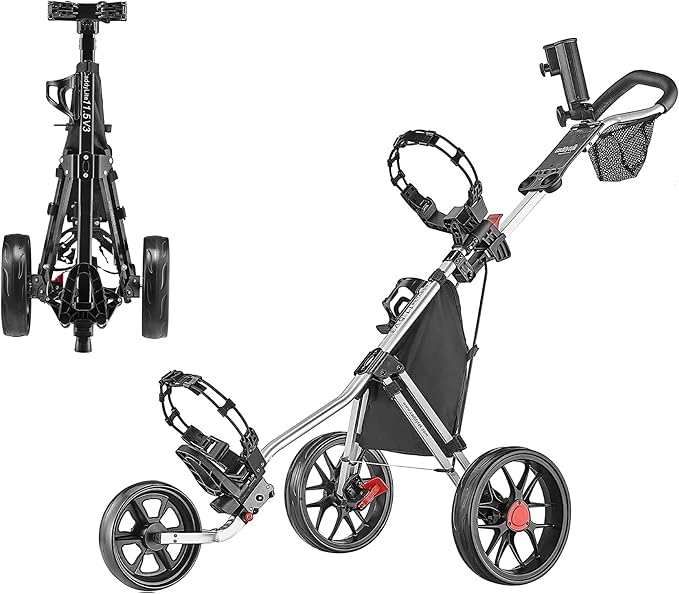 Caddytek CaddyLite 11.5 V3 Golf Push Cart - Lightweight Aluminum 3-Wheel Foldable Golf Bag Cart with Quad-Fold Frame, EVA Wheels, Adjustable Handle, Foot Brake, Mesh Net, Umbrella & Drink Holder