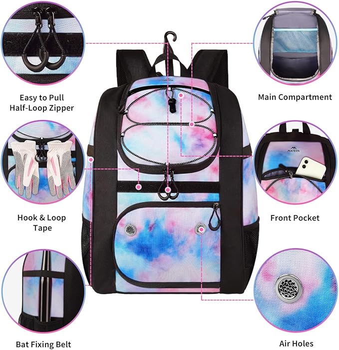 MATEIN Softball Bag, Lightweight Baseball Backpack with Shoe Compartment, Baseball Bag with Fence Hook for TBall Bat & Equipment, Softball Gifts Catchers Backpack for Women Fit Catcher’s Mitt, Helmet