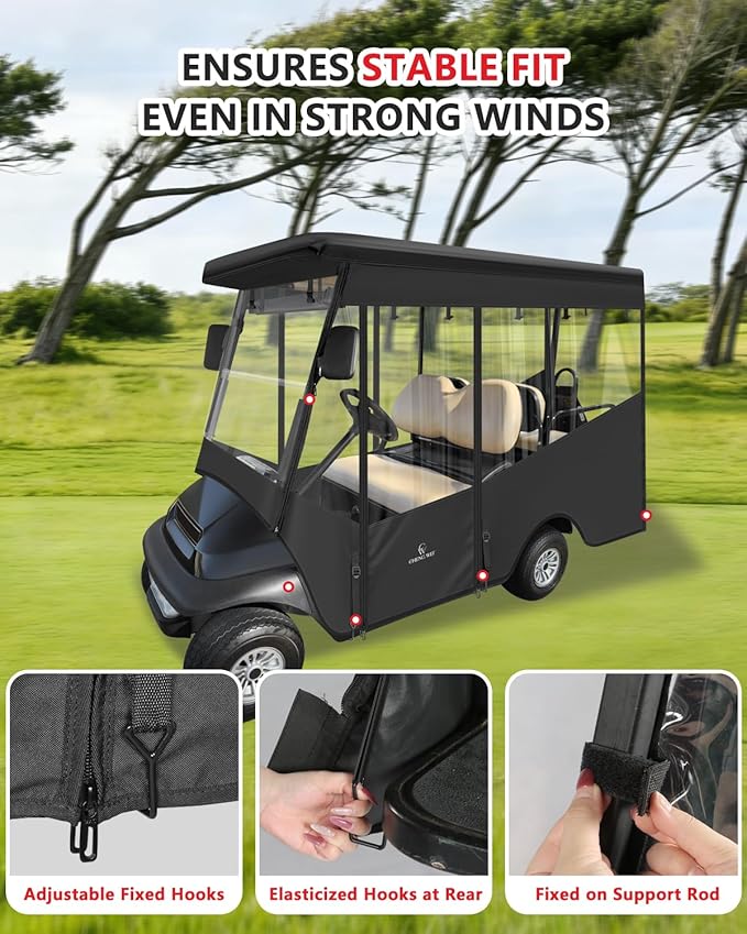 Golf Cart Enclosures 4 Passenger,Golf Cart Cover for Club Car Precedent Long Roof 2+2 Seater,Waterproof 600D Driving Rain Cover,Roll Up 4-Sided Clear Windows&Door,Club Car Golf Cart Cover Accessories