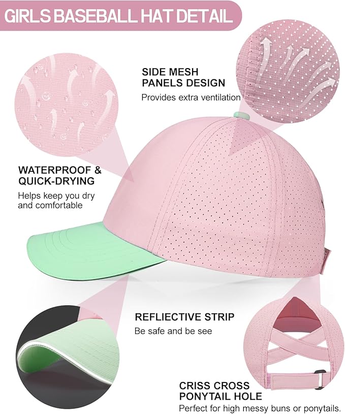 Little Girls Reflective Baseball Cap Criss Cross Ponytail Hat Kids Quick Dry Mesh Summer Sports Hat for Toddler Ages 3-8