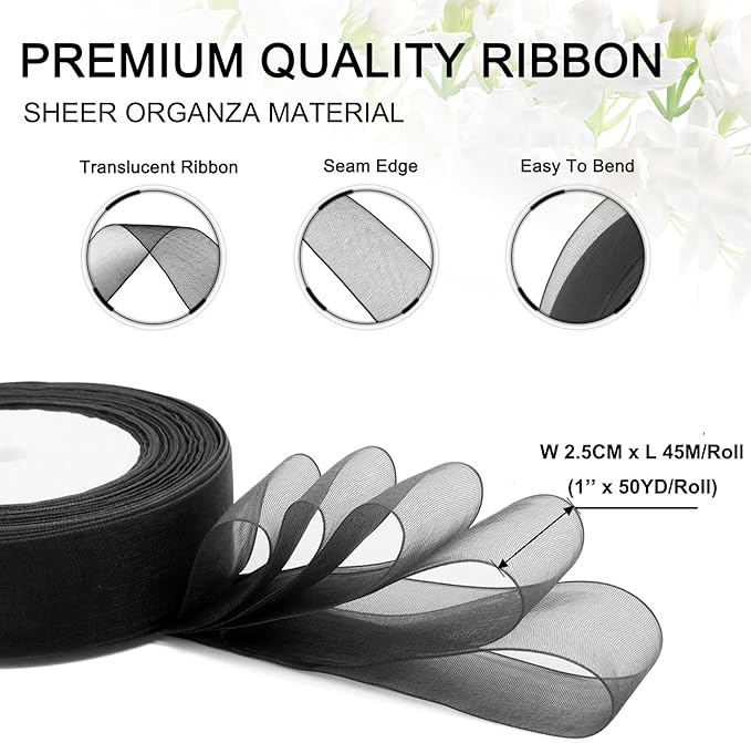 Black Ribbon for Gifts Wrapping, 1 inch 50Yard Sheer Organza Ribbon, Gift Wrap - Image 2