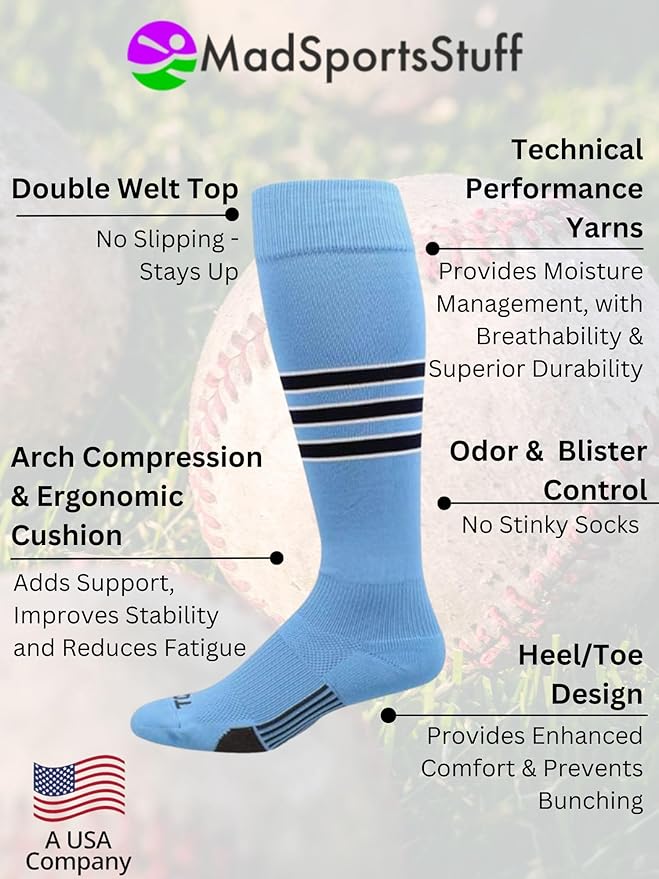MadSportsStuff Softball Socks Baseball Socks | White & Team Colors | USA Made | Sizes for Girls, Youth Boys, Men & Women