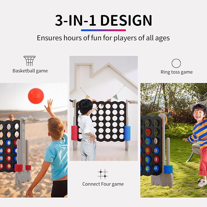 UNICOO Giant 4-in-A-Row with Carry Bag, Ring Toss, Basketball Hoop - Image 3