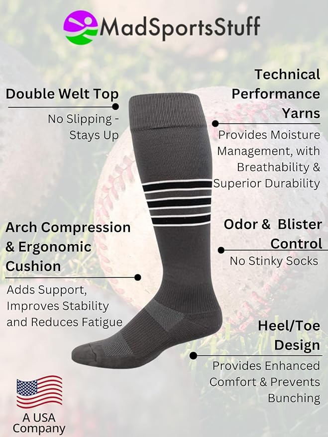 MadSportsStuff Softball Socks Baseball Socks | White & Team Colors | USA Made | Sizes for Girls, Youth Boys, Men & Women