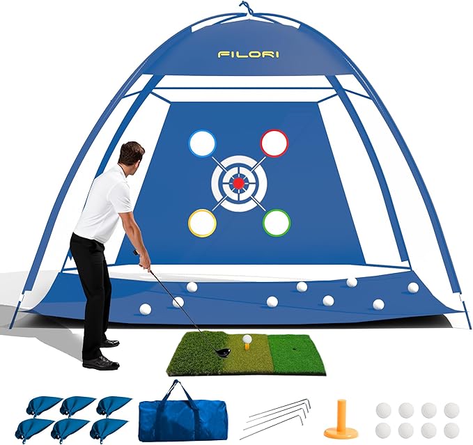 FILORI Golf Practice Net 10x7FT - Golf Hitting Net with Tri-Turf Mat, 8 Balls, Tee & Carry Bag, Indoor/Outdoor Backyard Training for Driving Chipping Swing, Ideal Gifts