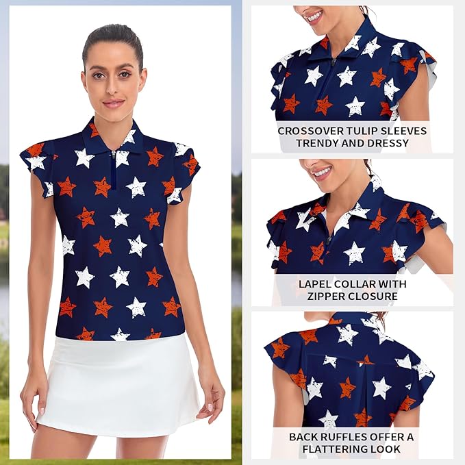 Soneven Womens Petal Sleeve Golf Shirts Moisture Wicking Lady Golf Apparel Print Tennis Sport T Shirt