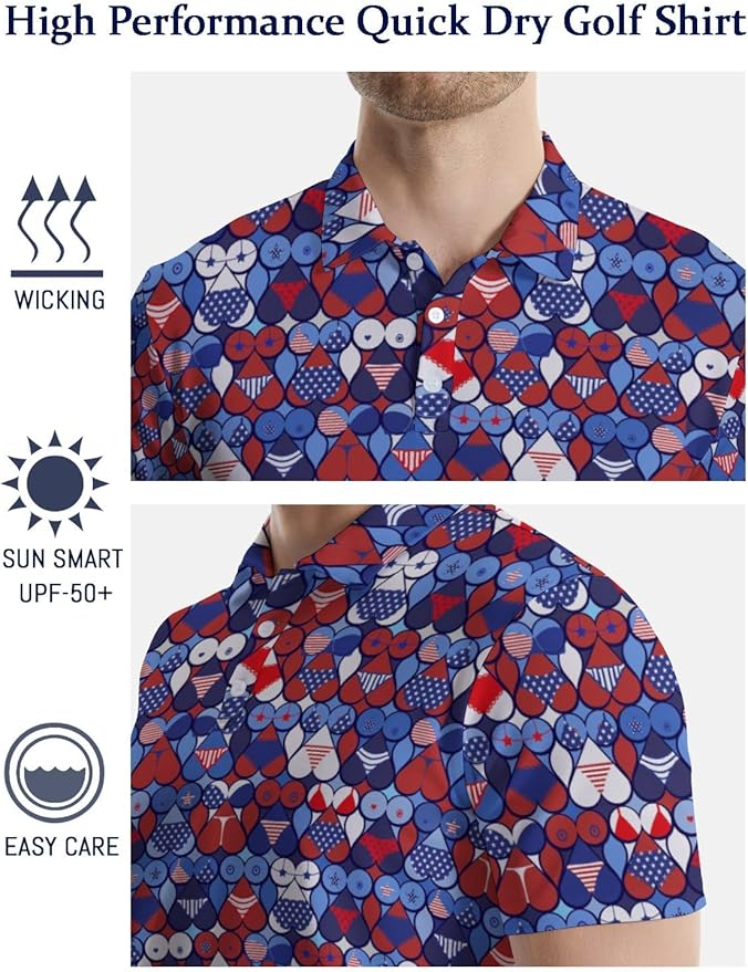 HUURAY Funny Golf Polos for Men Funny Print Short Sleeve Shirts Quick Dry Polo Shirts Hawaiian Shirt Performance Golf Outfits