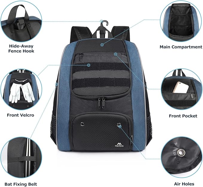MATEIN Baseball Backpack, Lightweight Softball Bags with Shoes Compartment for Men, Large Capacity Baseball Bag Gifts for Adults with Fence Hook Hold 4 Tee Ball Bats, TBall Gear, Helmet