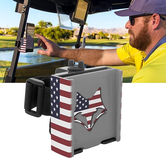 DESERT FOX GOLF Phone Caddy – Adjustable Golf Cart Phone Holder with Secure Strap for Hands-Free GPS & Golf Apps – Universal Fit - Patriotic Flag