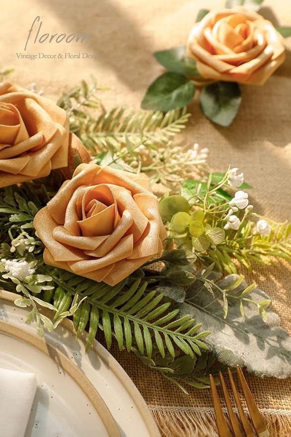 Floroom Artificial Flowers 50pcs Real Looking Gold Foam Fake Roses - Image 3